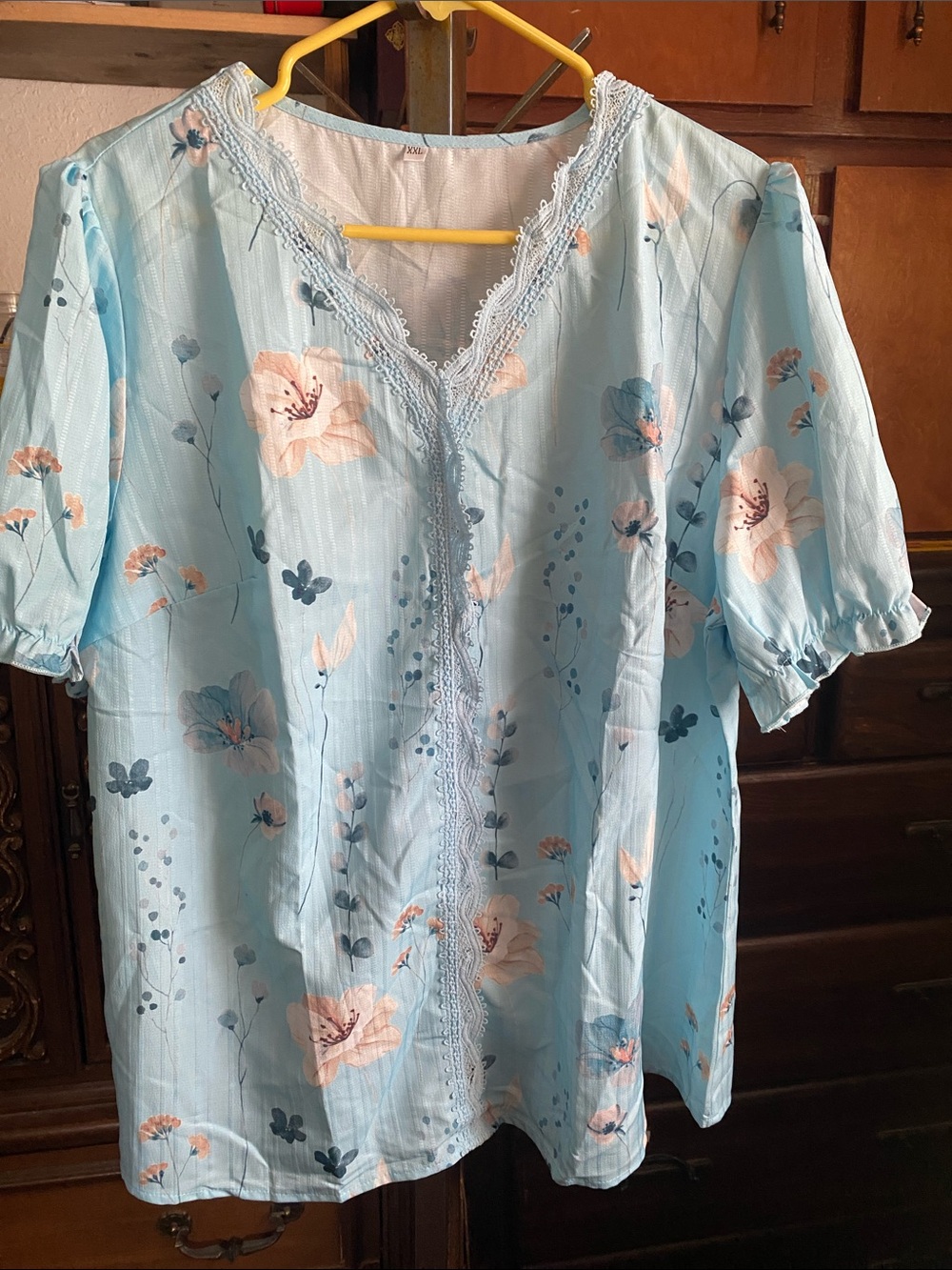 Light Blue Floral Lace-Trim Women's Blouse